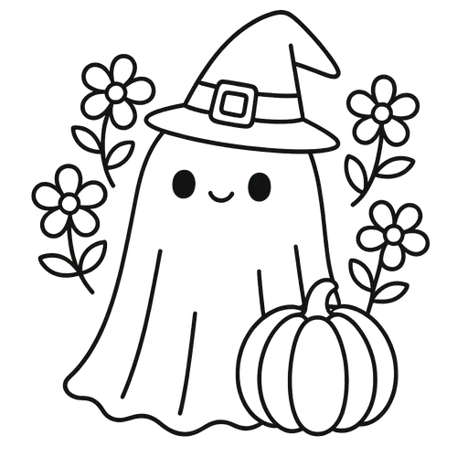 Cute Ghost Witch with Pumpkin Coloring Page coloring page
