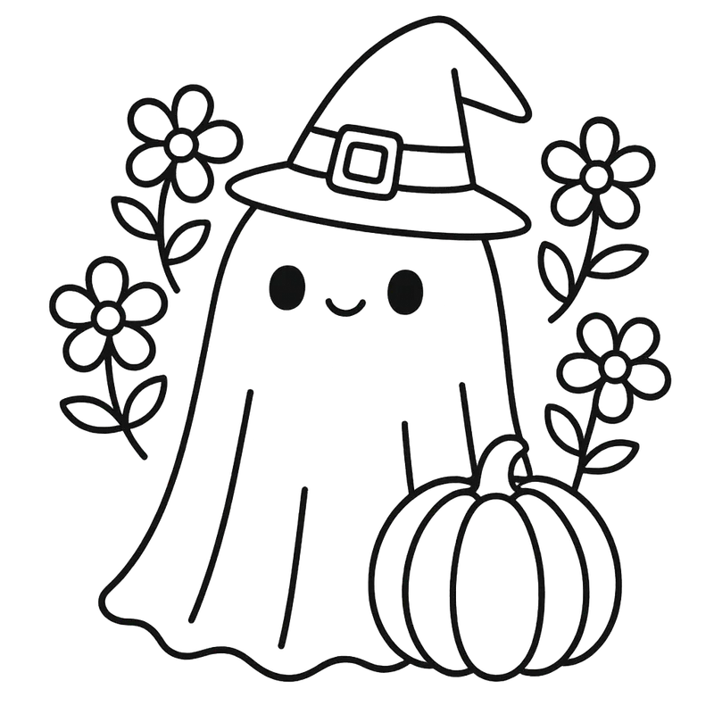 Cute Ghost Witch with Pumpkin Coloring Page coloring page