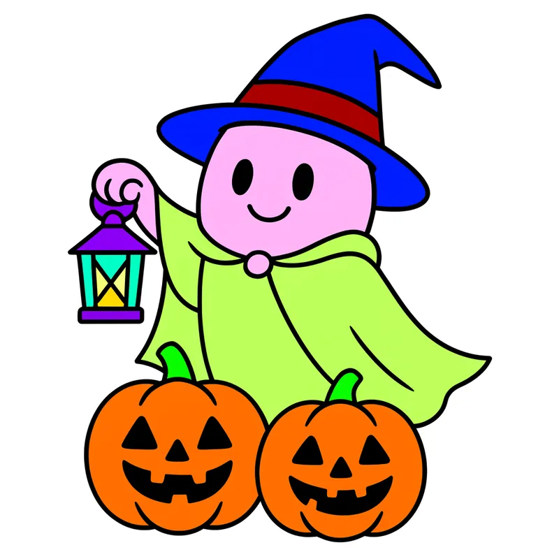 Cute Halloween Ghost & Pumpkins Coloring Page colored reference