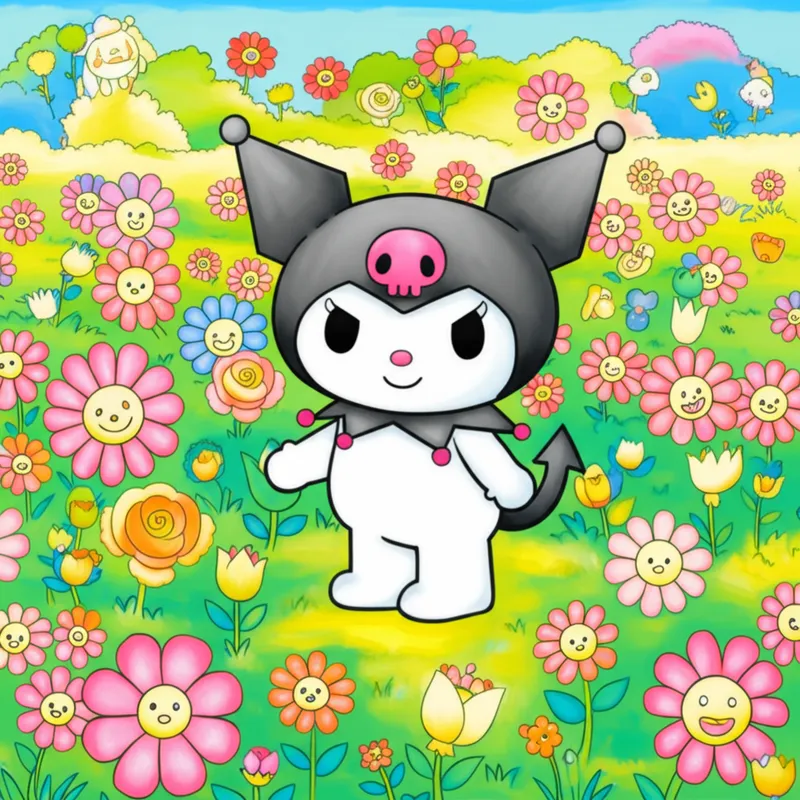 Cute Kuromi in a Flower Garden Coloring Page colored reference