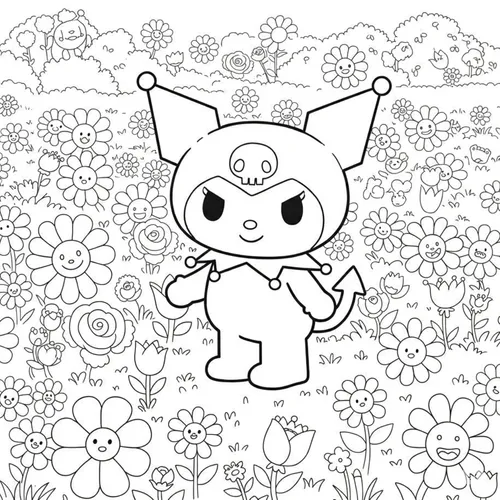 Cute Kuromi in a Flower Garden Coloring Page coloring page