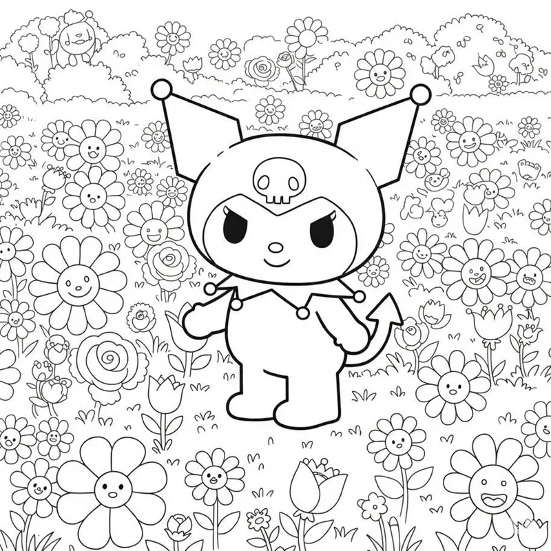 Cute Kuromi in a Flower Garden Coloring Page coloring page