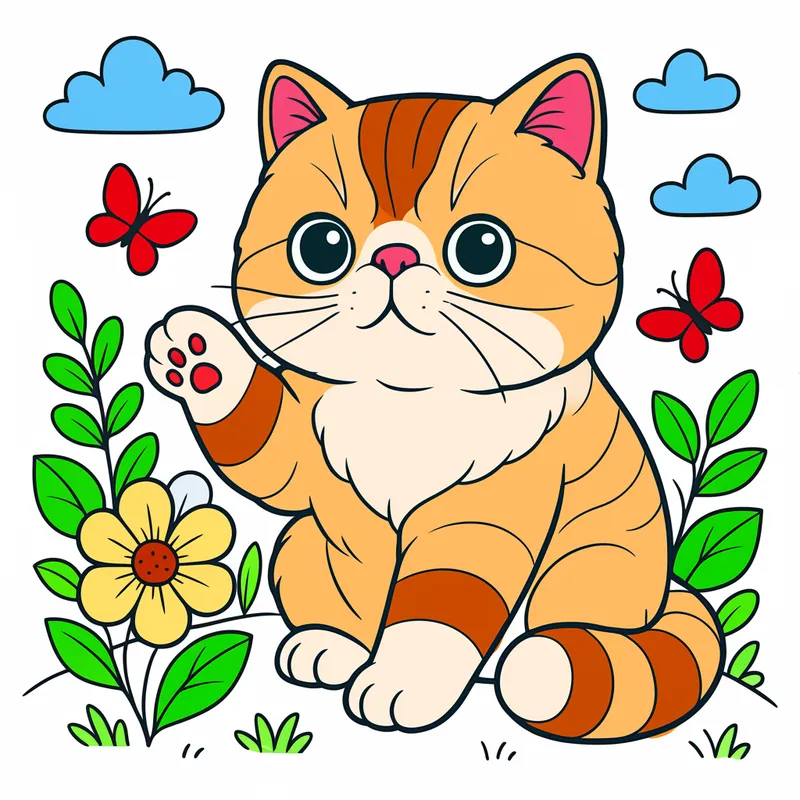 Cute Waving Kitten in Garden Coloring Page colored reference