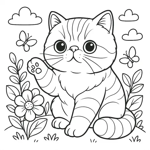 Cute Waving Kitten in Garden Coloring Page coloring page