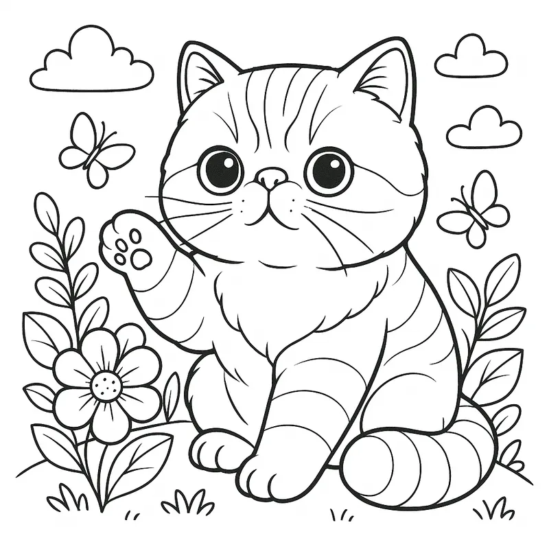 Cute Waving Kitten in Garden Coloring Page coloring page