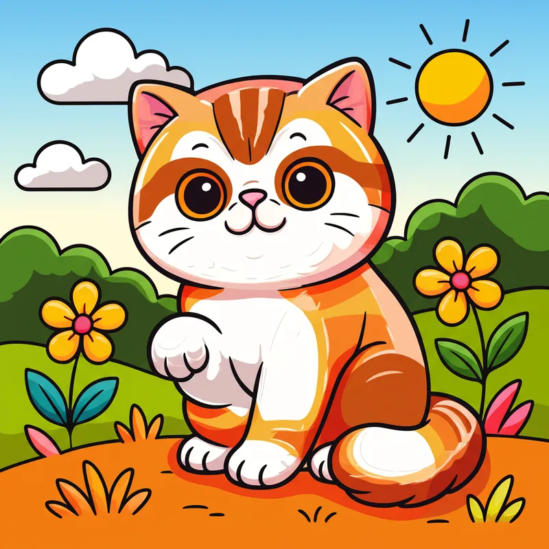 Cute Kitten in Sunny Meadow Coloring Page colored reference