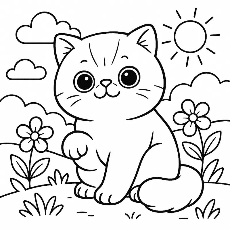 Cute Kitten in Sunny Meadow Coloring Page coloring page