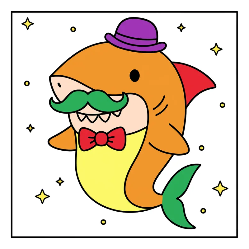 Dapper Shark with Hat and Mustache Coloring Page colored reference