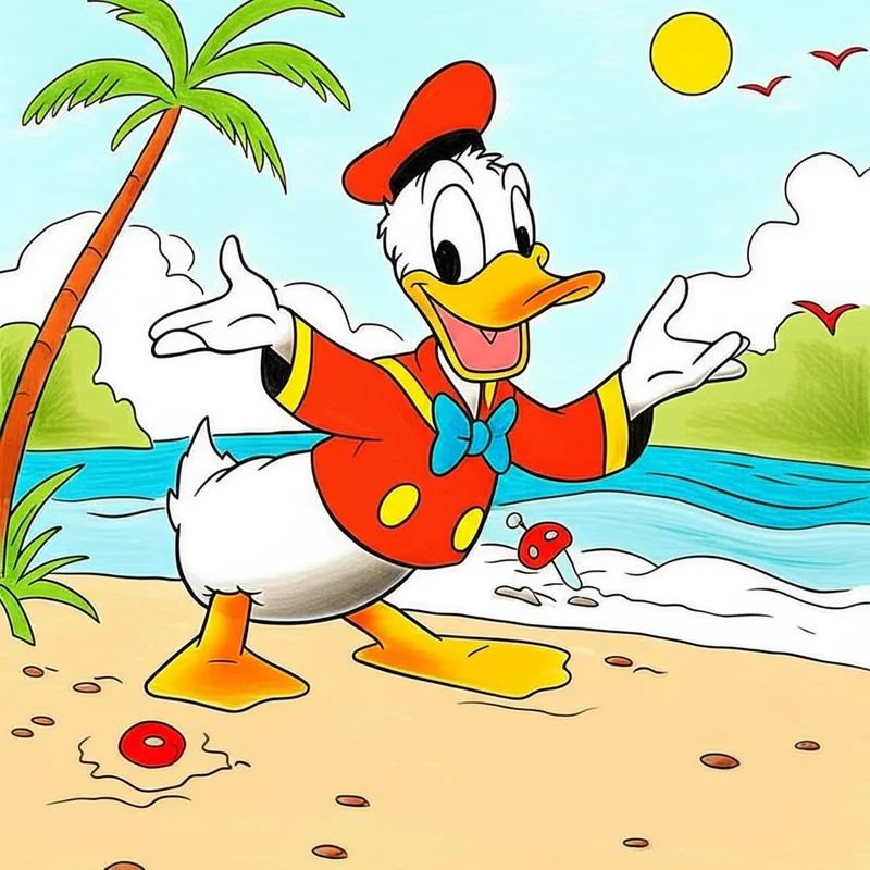 Donald Duck Tropical Beach Getaway Coloring Page colored reference