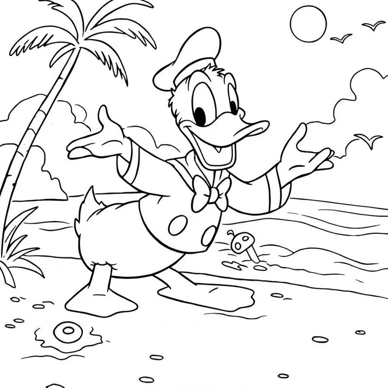 Donald Duck Tropical Beach Getaway Coloring Page coloring page