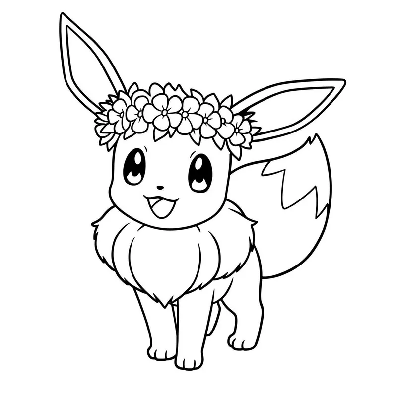 Cute Eevee with Flower Crown Coloring Page coloring page