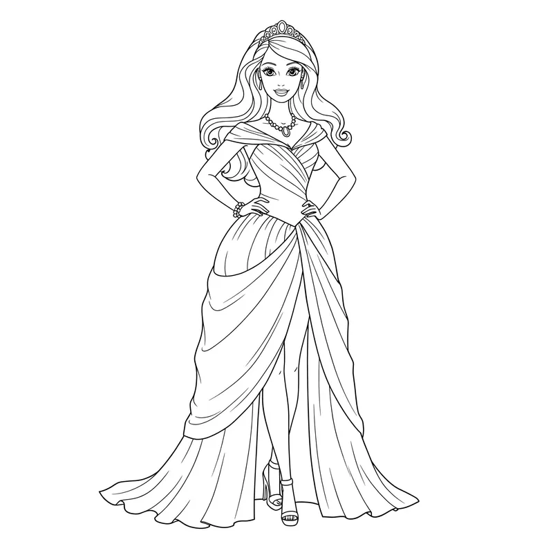 Elegant Barbie Princess Gown Coloring Page coloring page