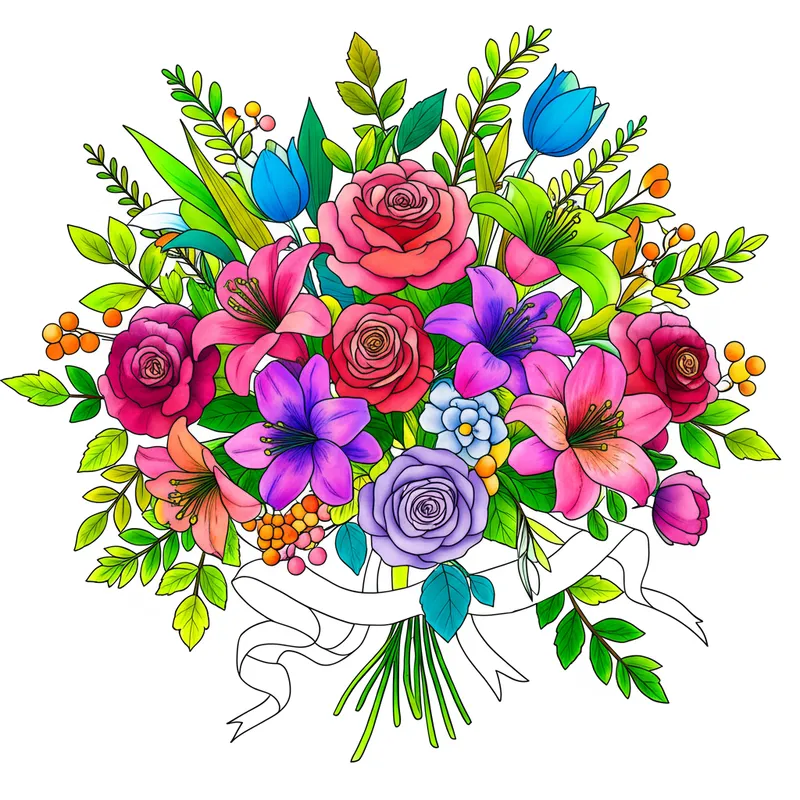 Elegant Floral Bouquet Coloring Page colored reference