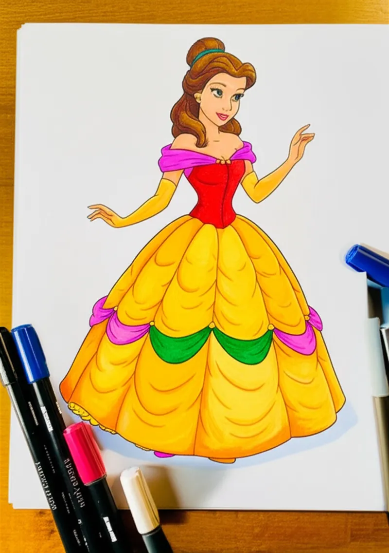 Elegant Princess Belle Coloring Page colored reference