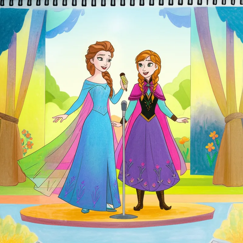 Elsa and Anna's Royal Duet Coloring Page colored reference