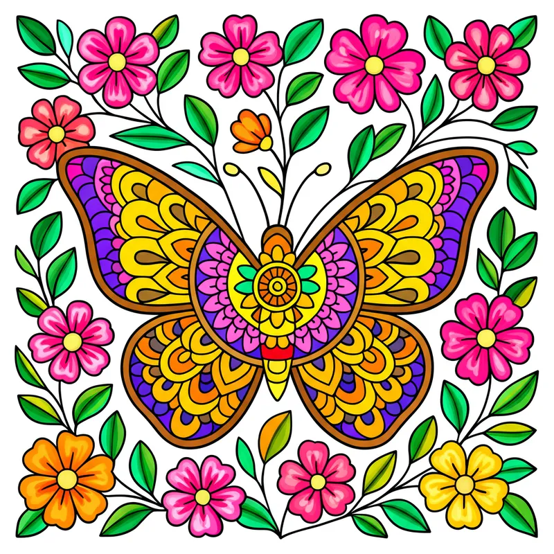 Enchanting Butterfly & Floral Mandala Coloring Page colored reference