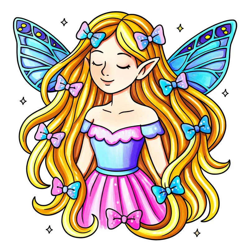 Enchanting Fairy with Bows Coloring Page colored reference