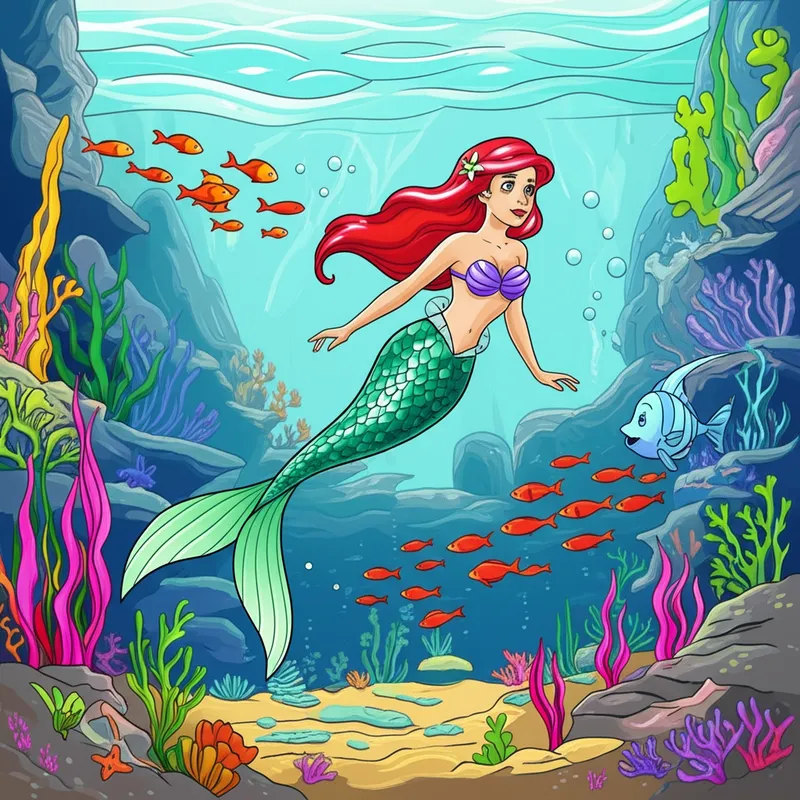 Enchanting Mermaid Princess Underwater Coloring Page colored reference