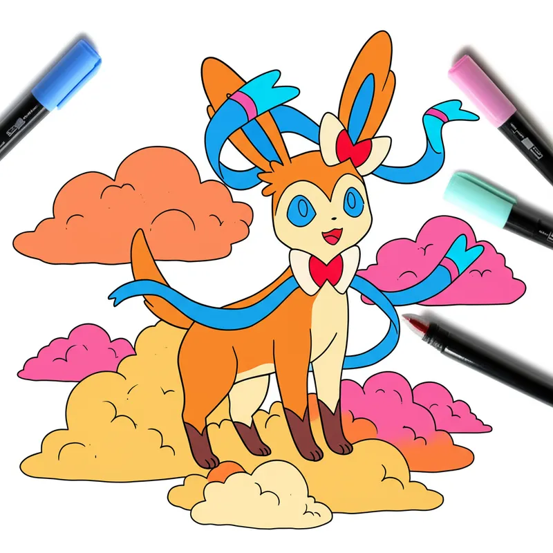 Enchanting Sylveon on Clouds Coloring Page colored reference