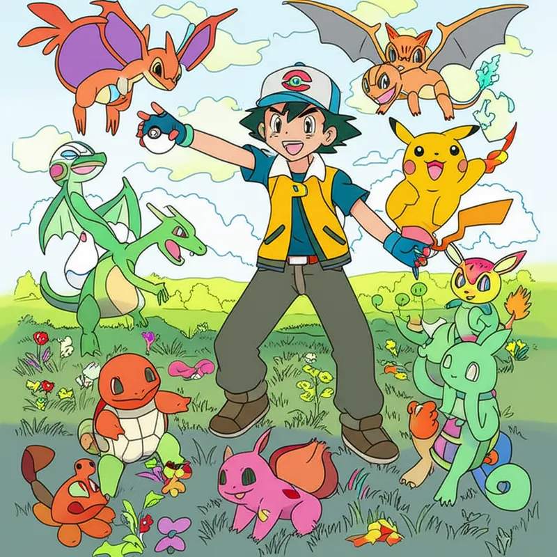Epic Pokemon Adventure with Ash & Pikachu Coloring Page colored reference