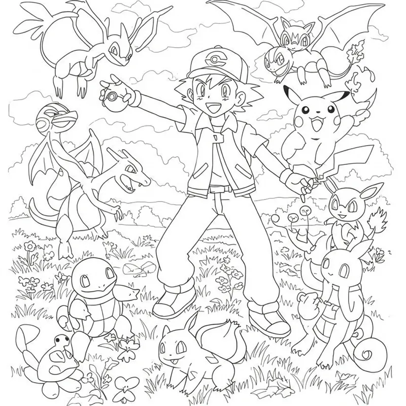 Epic Pokemon Adventure with Ash & Pikachu Coloring Page coloring page