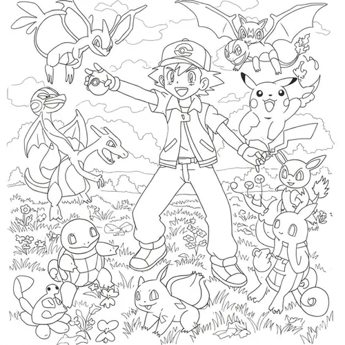 Epic Pokemon Adventure with Ash & Pikachu Coloring Page coloring page
