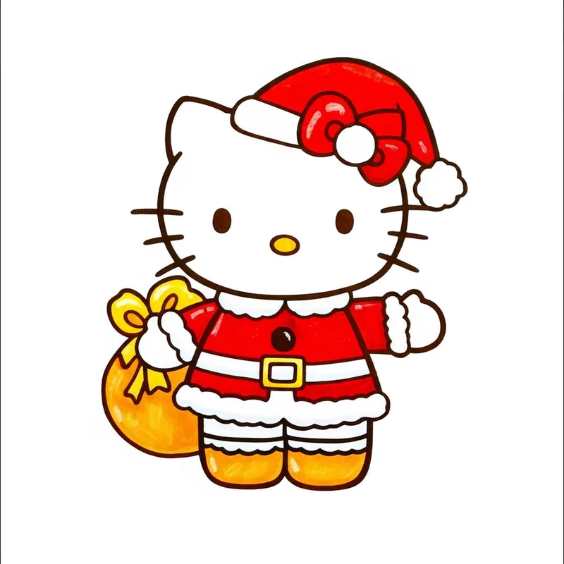 Festive Hello Kitty Santa Coloring Page colored reference