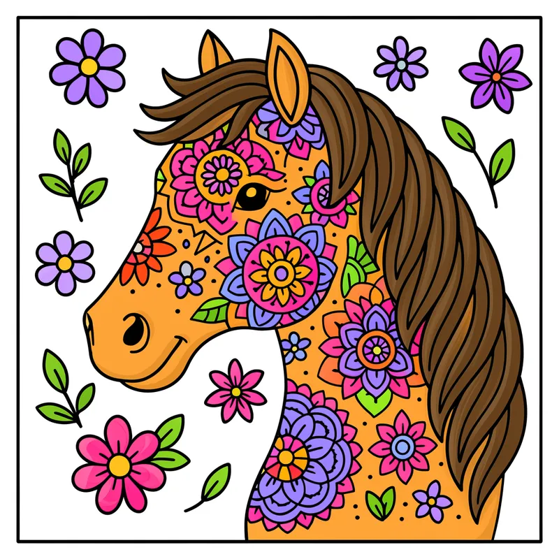 Enchanting Floral Horse Mandala Coloring Page colored reference