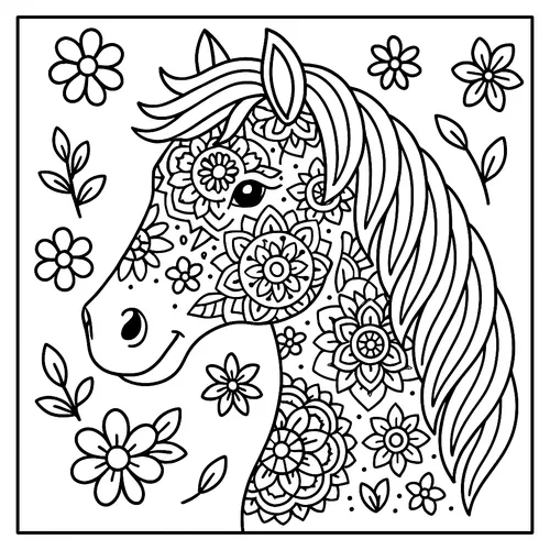 Enchanting Floral Horse Mandala Coloring Page coloring page