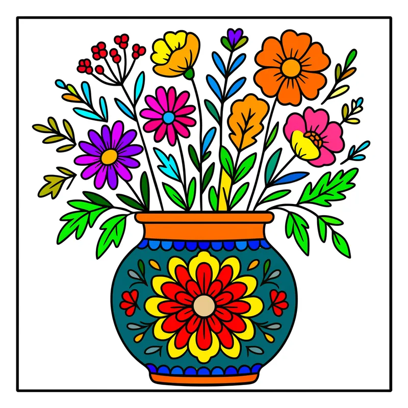 Folk Art Flower Vase Coloring Page colored reference