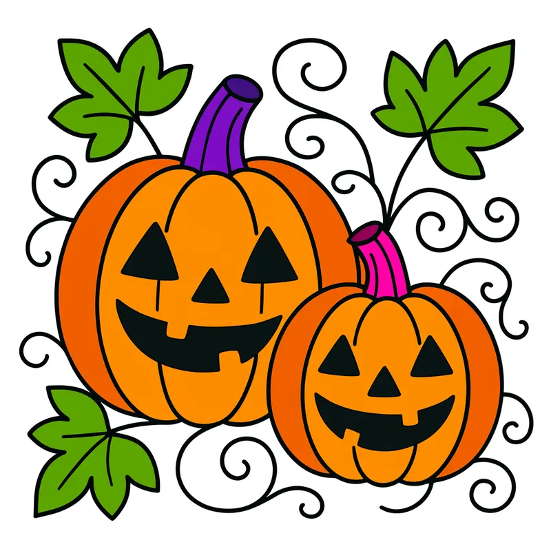 Friendly Jack-o'-Lanterns Coloring Page colored reference