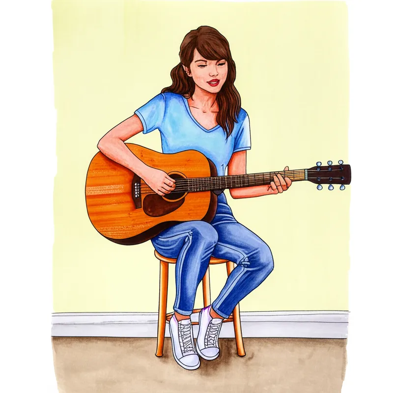 Girl Lost in Music Guitar Coloring Page colored reference