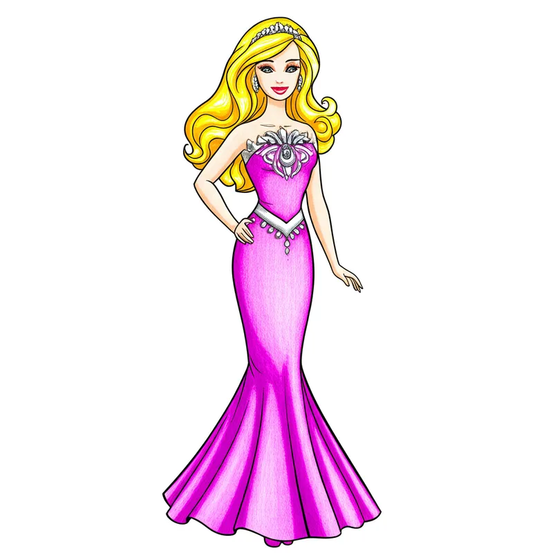 Glamorous Barbie Evening Gown Coloring Page colored reference