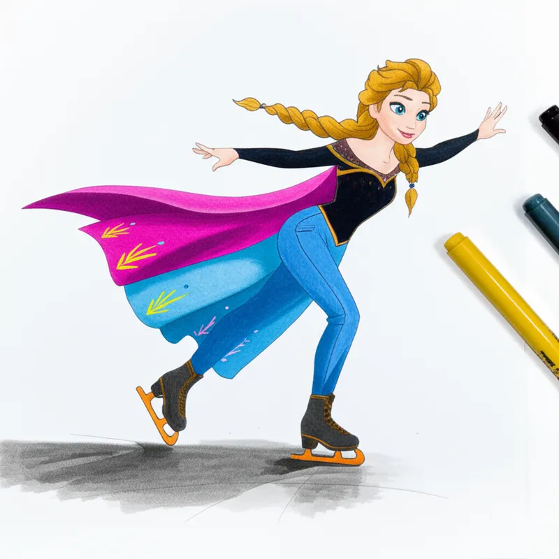 Graceful Elsa Ice Skating Adventure Coloring Page colored reference