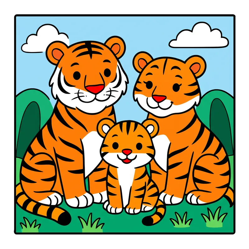 Happy Tiger Family Fun Coloring Page colored reference