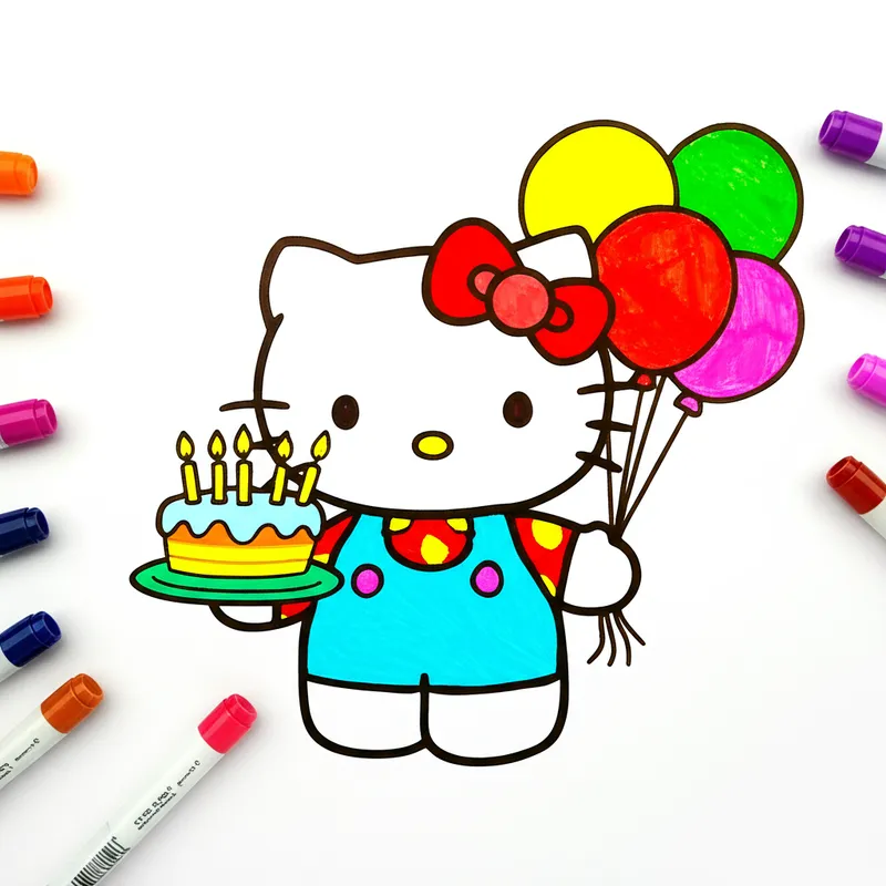 Hello Kitty Birthday Fun Coloring Page colored reference
