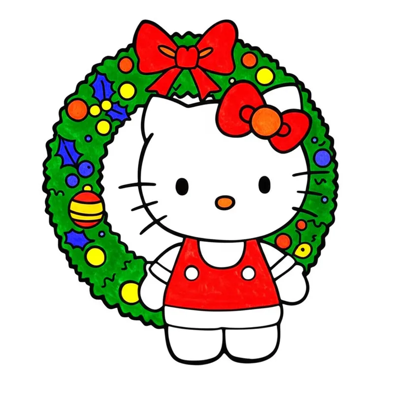 Hello Kitty Christmas Wreath Coloring Page colored reference