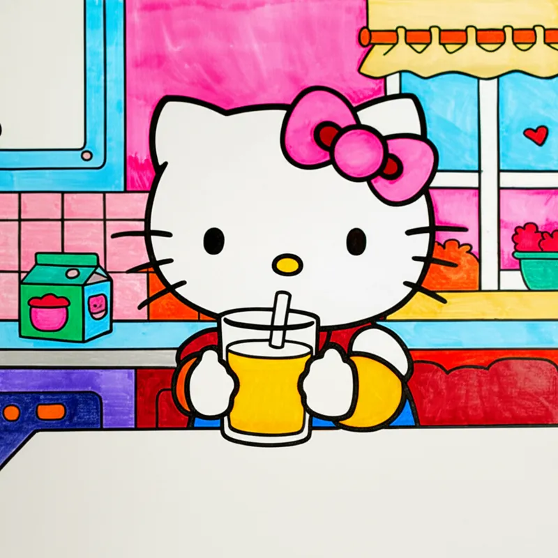 Hello Kitty Enjoying a Drink Coloring Page colored reference