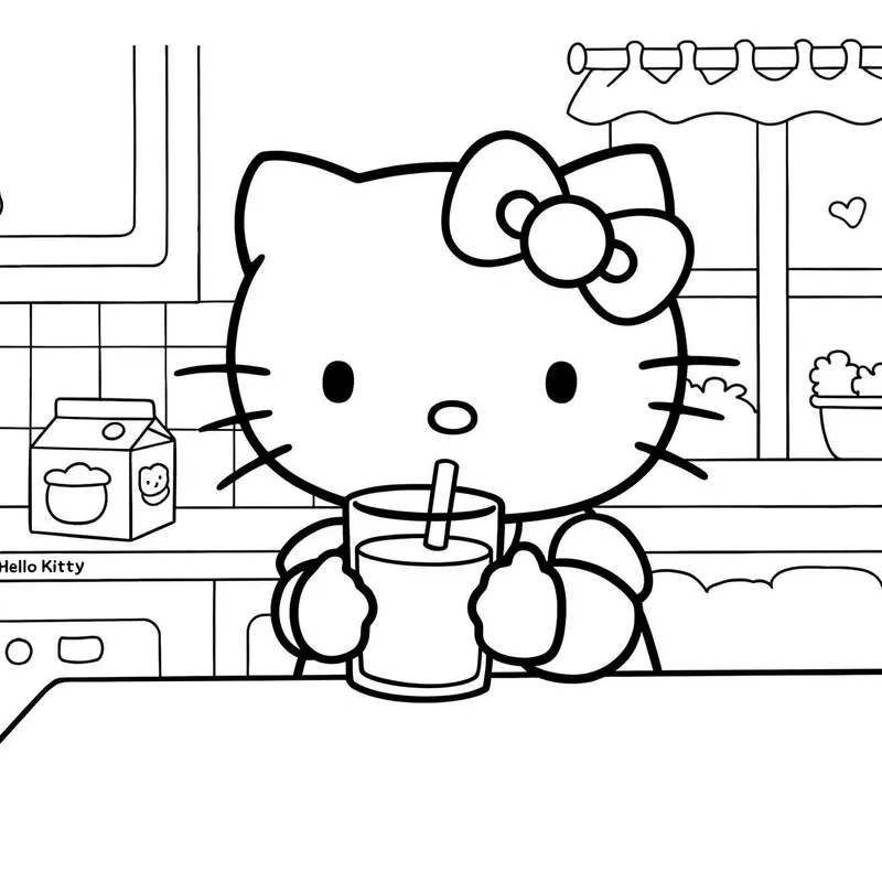 Hello Kitty Enjoying a Drink Coloring Page coloring page