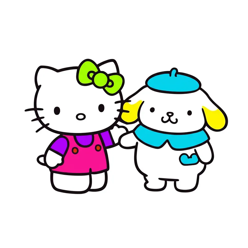 Hello Kitty and Pompompurin Friends Coloring Page colored reference