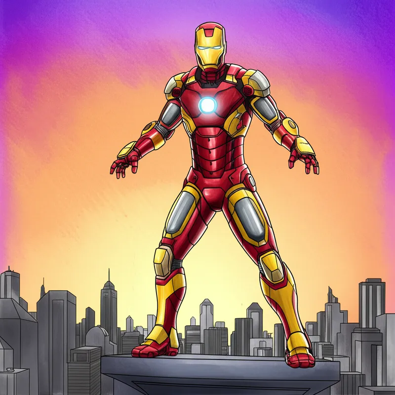 Heroic Iron Man Over City Coloring Page colored reference