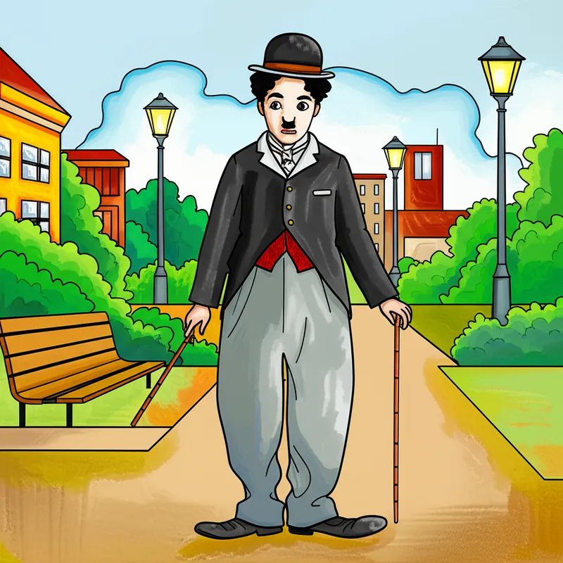 Iconic Charlie Chaplin 'The Tramp' Coloring Page colored reference