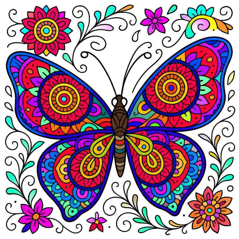 Intricate Butterfly & Floral Mandala Coloring Page colored reference