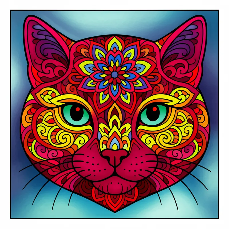Intricate Cat Mandala Coloring Page colored reference