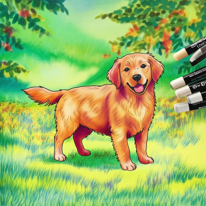 Joyful Golden Retriever Puppy Coloring Page colored reference