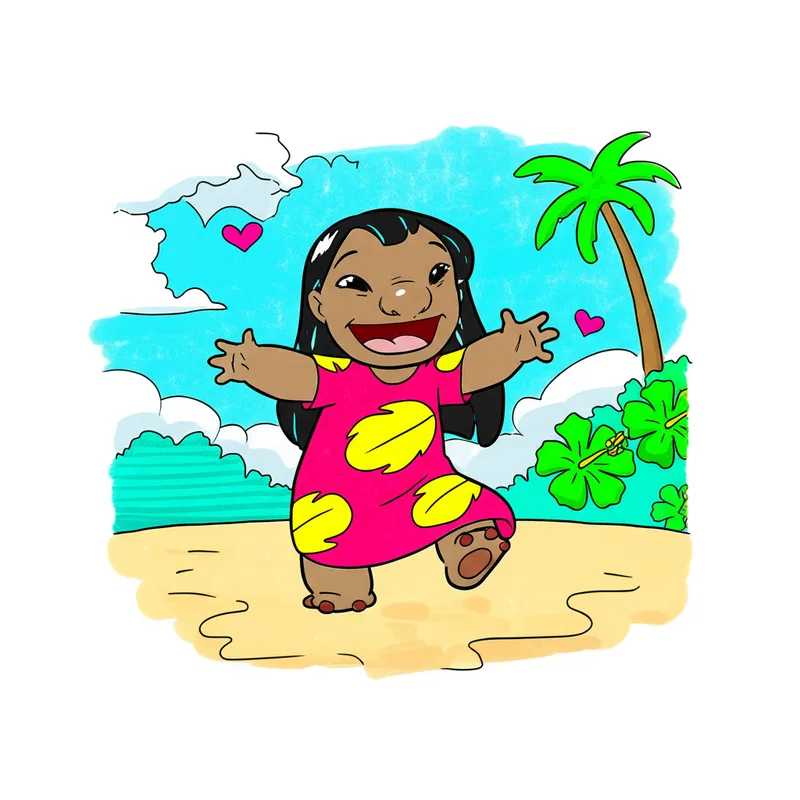 Joyful Lilo on a Hawaiian Beach Coloring Page colored reference