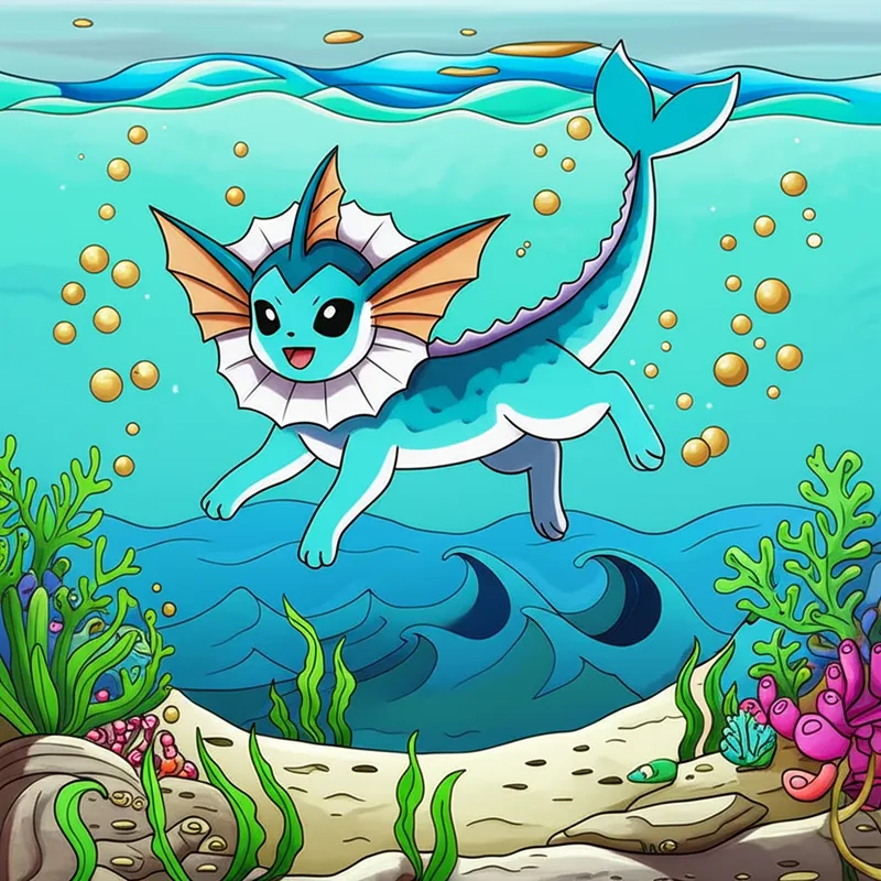 Joyful Vaporeon Swimming Coloring Page colored reference