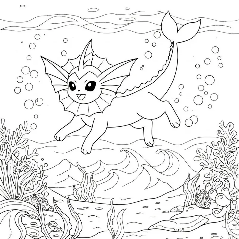Joyful Vaporeon Swimming Coloring Page coloring page