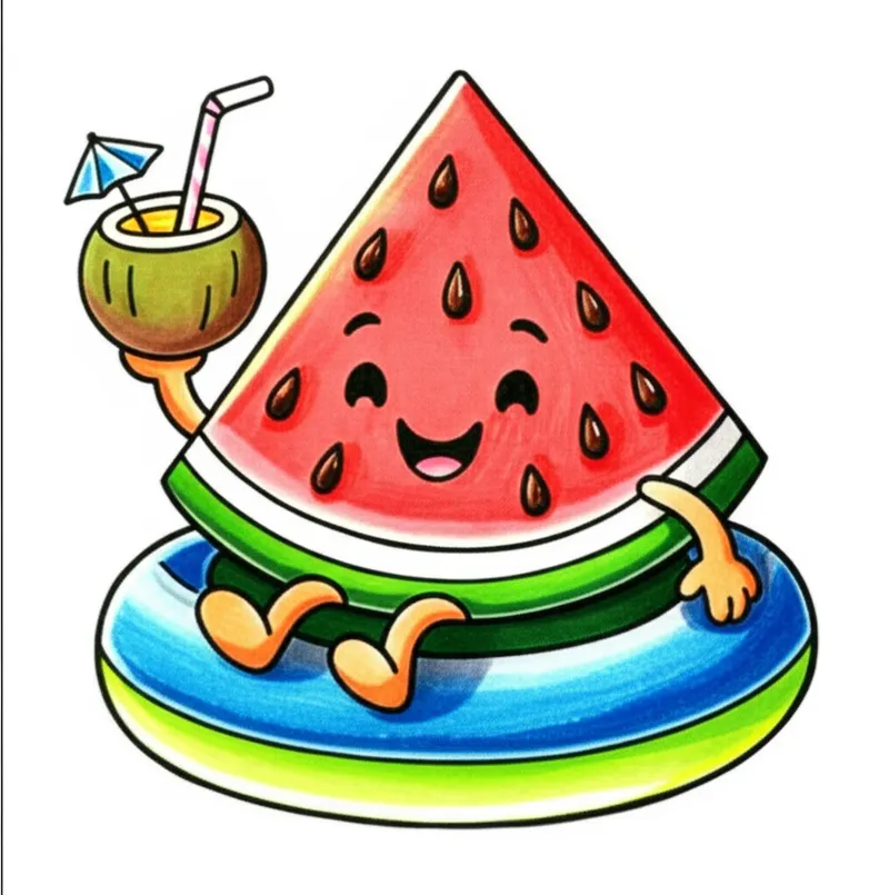 Kawaii Watermelon Summer Chill Coloring Page colored reference