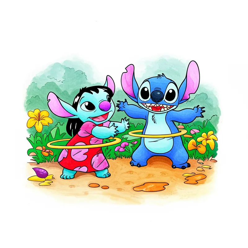 Lilo and Stitch Hula Hoop Fun Coloring Page colored reference